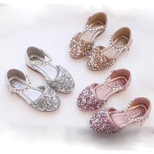 Kids Toddler Baby Glitter Flats Princess Sandals For Children Girls Gold Silver Pink Pearls Bling Wedding Party Dress Shoes New