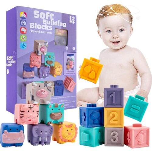 12pcs Baby Sensory Toys Building Silicone Blocks Grasp Toy 3D Silicone Building Blocks Soft Ball Kid Rubber Bath Cube Baby Toy
