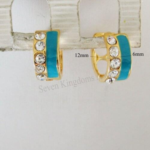 Foromance/- YELLOW GOLD SOLID GP COLOR GREEN ENAMEL HOOP HUGGIE DIAMETER 0.47" CZ STONE EARRING