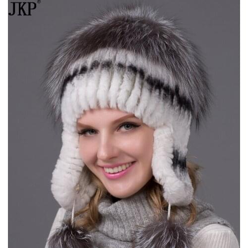 Natural Fur Fox Bomber Hats Women Winter Knit Rex Rabbit Hat Capear Fashion Real Fur Cap Pomona Causal THY-01