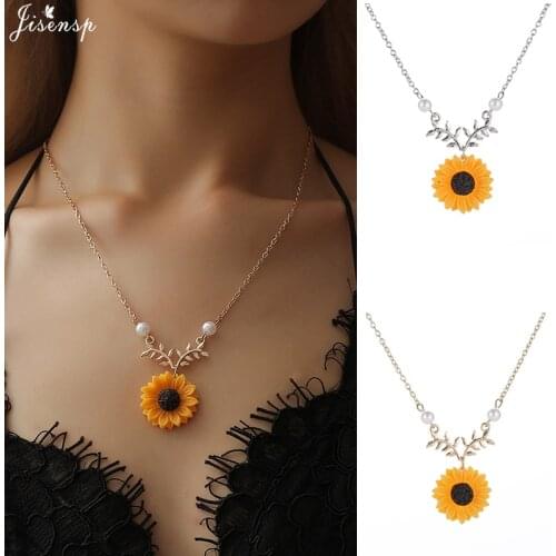 Jisensp Simple Creative Leaf Branch Pearl Beads Necklaces Pendants Fashion Sunflower Necklaces for Women Summer Beach Jewelry