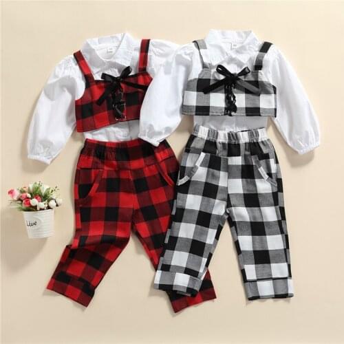 Toddler Girls 3Pcs Spring Fall Outfits, Long Sleeve Button Down Lapel Shirt + Tie-up Camisole + Plaid Long Pants Set 1-6Years