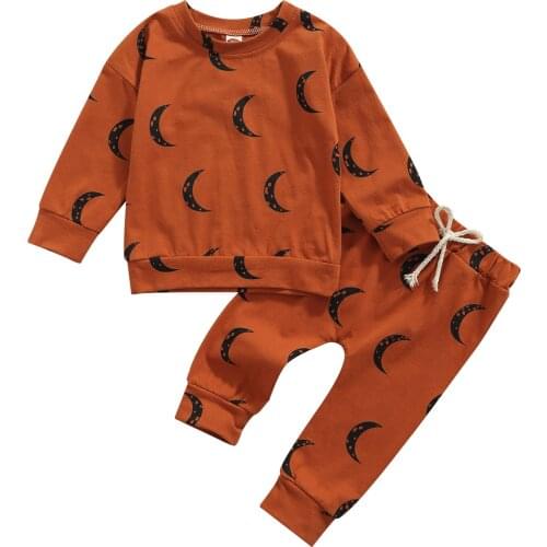 New Arrival Autumn Girls Boys Fashion Clothes Set Moon Print Pullover Tops+Elastic Waist Pants Baby Sets Toddler Clothes