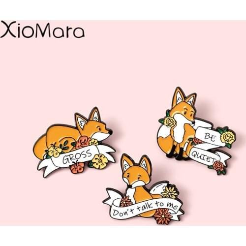 Cool Fox Hunting Enamel Pins 'BE QUITE' Brooches Lapel Badges Wholesale Cartoon Animal Pin Fashion Jewelry Gifts for Friends