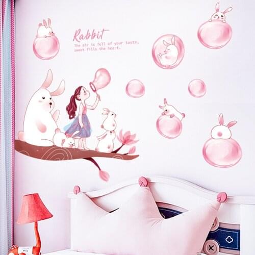 Cute Rabbit Wall Stickers Kids Room Baby Nursery Wall Decals Pink Bubbles Girl Room Home Decoration Warm Aesthetic