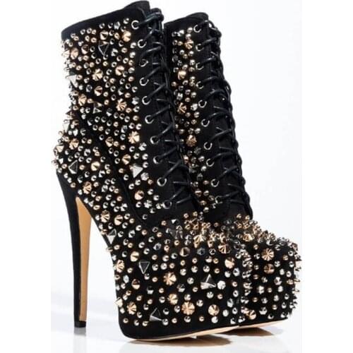 Fashion Studs Metal Rivets Lace up Ankle Boots Woman Platform Ultra High Heels Zipper Spikes Punk Boots Woman Club Stage Shoes