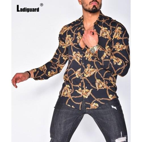 Plus SIze 3xl Men Tops Classic Chain Print Shirt Long Sleeve Blouse Sexy Mens clothing 2021 Single-Breasted Summer Casual Shirt