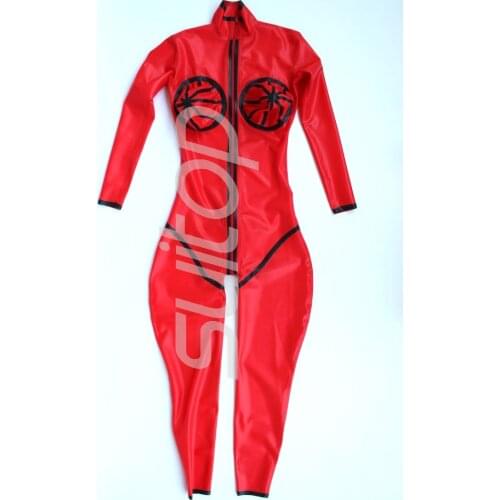 Mens latex rubber bodysuits bust inflatable with back to crotch zip in high quanlity level in red and black trim