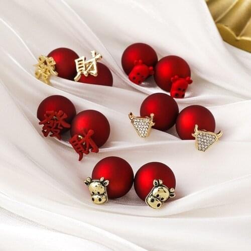 New Chinese Style Zodiac Bull Double-sided Earrings Red Calf Bull Head Net Red Earrings Natal Temperament Earrings Female