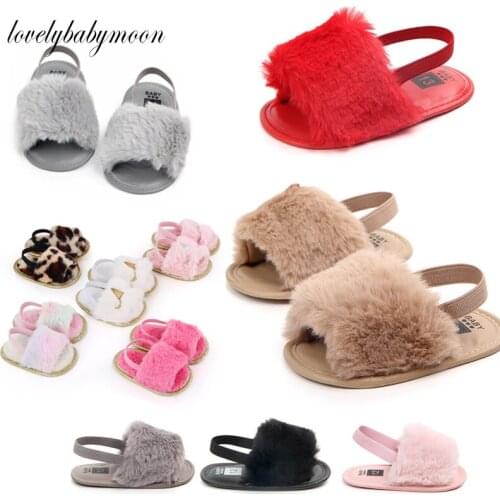 Toddler Baby Girls Plush Sandals Soft Sole Faux Fur Flats Prewalker Slippers With Elastic Back Strap Home IndoorBaby Shoes