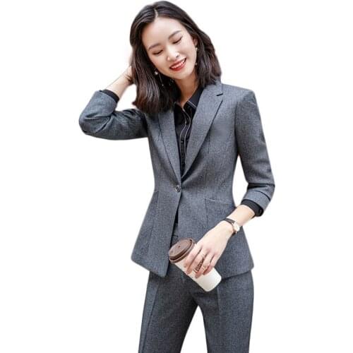 IZICFLY Autumn Winter Dark Gray Trouser With Blazer Uniform Designs For Two Piece Set Women Office Elegant Business Pant Suits