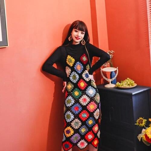 Autumn Hand-crochet Bohemian National Style Sling Skirt Retro Color Block Knitting Sweater Jacket With Dress
