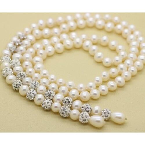 MADALENA SARARA AAAA 8-9mm Freshwater Pearl White Pearl Necklace Round Pearl With Crystal Bead 40"