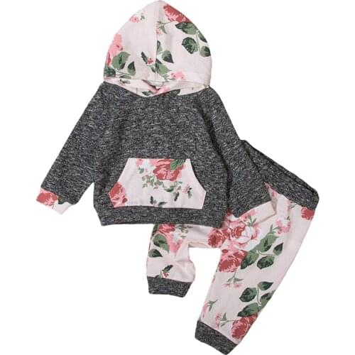 0-24M Infant Baby Girls Casual Outfits Color Block Flower Print Long Sleeve Hoodie Pocket Trousers