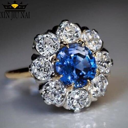 Luxury Female Ladies Blue Round Stone Ring Vintage Yellow Gold Zircon Finger Ring Promise Wedding Engagement Rings For Women