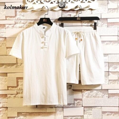 Shirt+Short) New Arrival Summer Style Men Boutique Cotton and Linen Shirt High Quality Solid Men Leisure Two-piece Shirt M-5XL