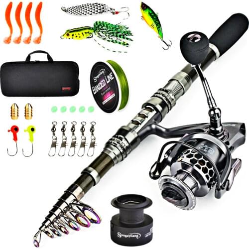 Sougayilang Telescopic Fishing Rod with Spinning Reels Combos Fishing Reel Pole Lure Line Bag Sets Kit for Travel Fishing Tackle