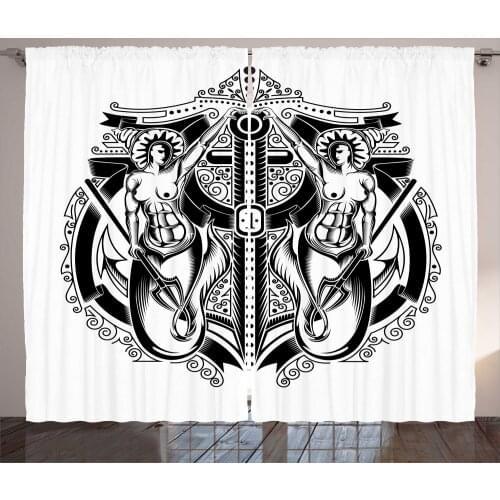 Mermaid Ancient Art Curtains Undersea Kingdom Symbol Satin Fabric Drapes for Living Room Bedroom 2 Panel Window Set