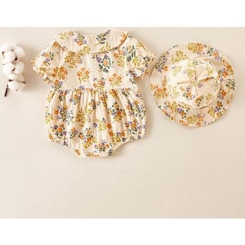 Sweet Korea Style Baby Girls Floral Romper Costume Summer Short Puff Sleeve Linen Cotton Jumpsuit +Lovely Hood Newborn Cozy Clo