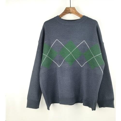 College Style Autumn Winter Thick Diamond-Shaped Knitted Pullovers Casual Loose O-neck Sweater Woman Long Sleeve Jumpers