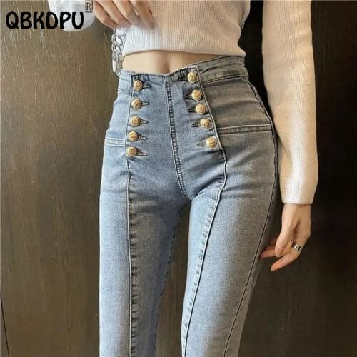 Fashion Double-Breasted High Waist Denim Pencil Pants Women Chic Skinny Splice Jeans Vintage Streetwear Ankle-Length Pants