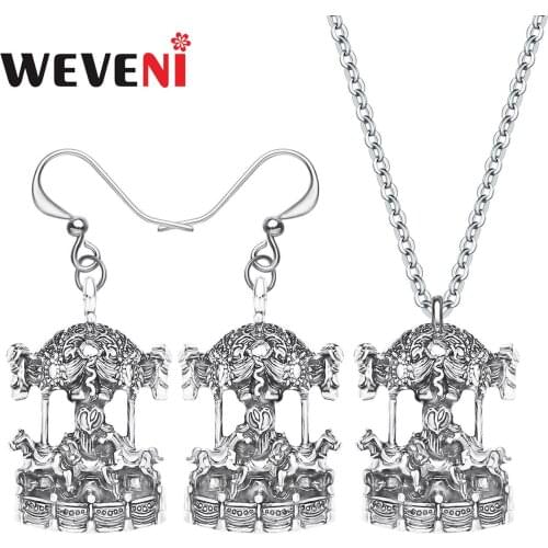 WEVENI Alloy Plated Antique Gold Carrousel Horse Jewelry Sets Cute Long Animal Earrings Necklace For Girl Kids Trendy Gift Charm