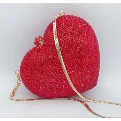 New Red/Silver/Clear Color Full Diamond Women Evening Clutch Bag Luxury Heart Shape Crystal Shoulder Party Prom Clutches Purses