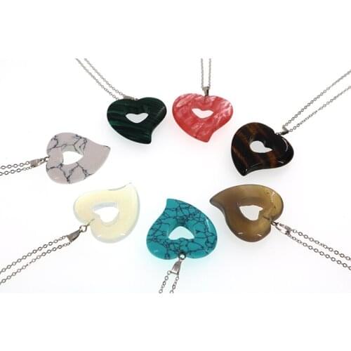 7Color Natural Stone Heart Shape Pendant Necklaces for Women Chain Colar Feminino Joyas