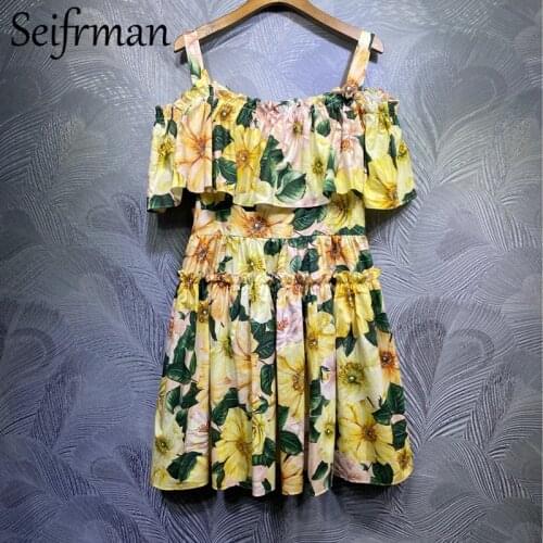 Seifrmann 2021 New Women Summer Fashion Runway Short Dress Sexy Spaghetti Strap Ruffles High Waist Floral Print A-Line Dress