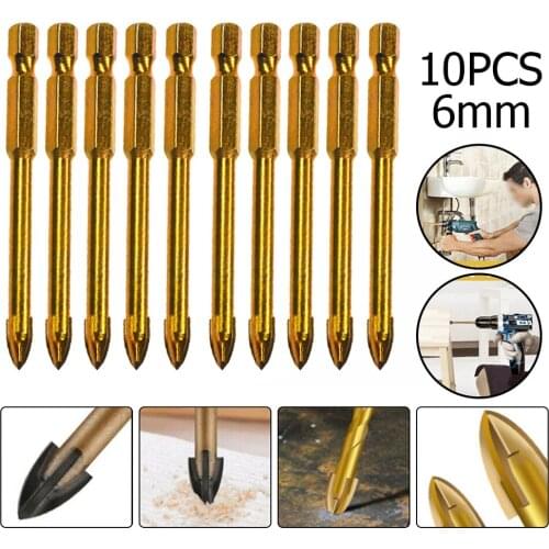 10Pcs 6mm Glass Drill Titanium Ceramic Tile Marble Glass Drill Bits Spear Head Hex Shank Home Power Tool Parts