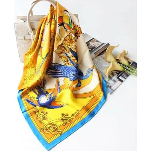 100% Twill Silk Scarf Bandana Women Fashion Headscarf Kerchief Bird Print Shawl Hijab Neck Hair Turban 35"*35"