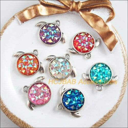 14Pcs Tibetan Silver Tone Retro Animal Mixed Round Resin Charms Pendants 20x24mm