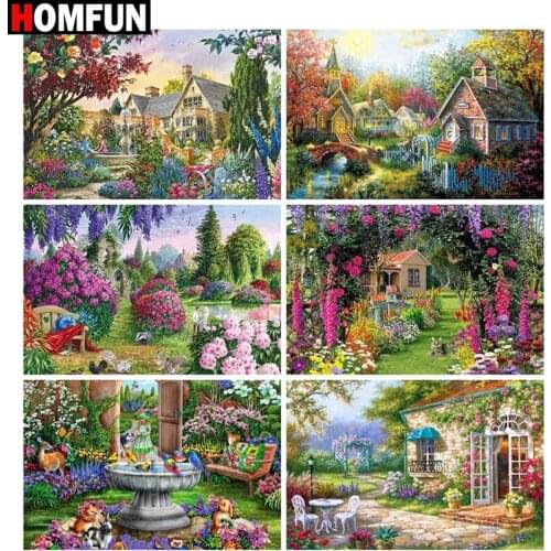 HOMFUN Diamond Painting "Garden house scenery" Cross Stitch Custom Photo Diamond Embroidery Square Round Drill Home Decor
