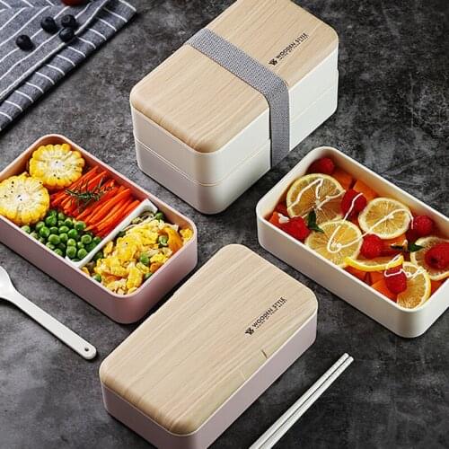 Wooden Style Lunch Box Double-layer Separated Bento Box Portable Microwave Lunch Box For Office Worker Children Food Box
