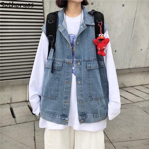 Denim Vests Women Autumn Cargo Loose Single Breasted Multi Pockets Unisex BF All-match Sleeveless Coats Female Vintage Outerwear