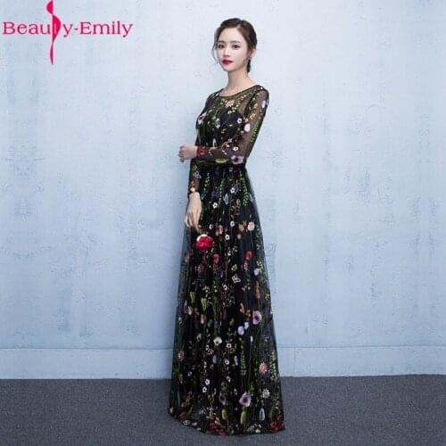 Elegant Black Floral Long Sleeve Appliques Evening Dress 2019 Floor Length Zipper Back Illusion Formal Prom Dresses