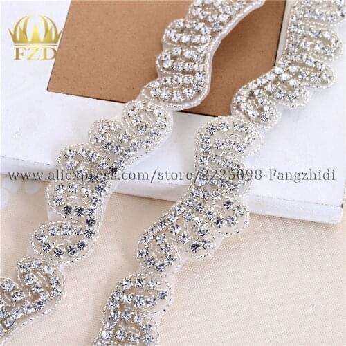 FZD 1 Yard Handmade Hot Fix Sliver Rhinestones Trim Applique Iron Sew On Bling Applique for Headpieces Dresses Garters Waistband