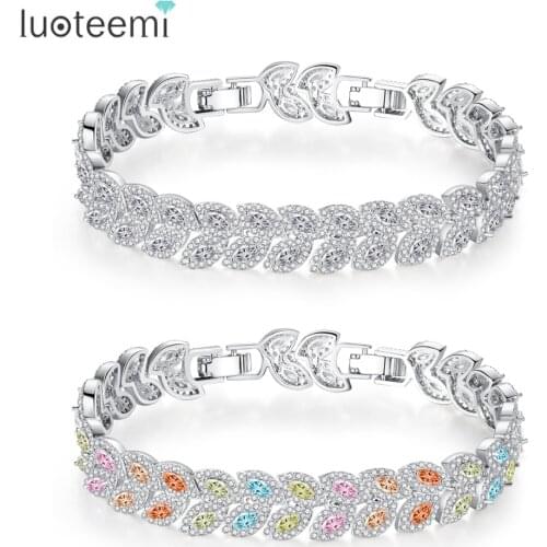 LUOTEEMI Exquisite Leaf-shaped Bracelet for Women Party Wedding Bileklik Luxury CZ Double Colors Stone Jewelry Christmas Gifts