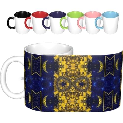 Celestial Kaleidoscope Ceramic Mugs Coffee Cups Milk Tea Mug Celestial Moons Moon Luna Lunar Kaleidoscope Fractals Fractal Blue