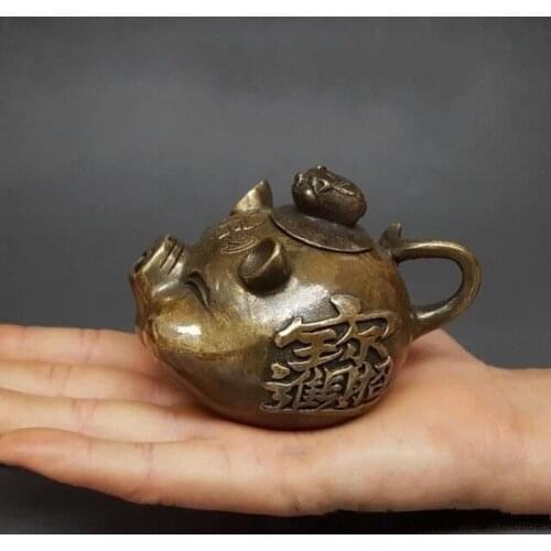 Chinese Antique Bronze Zodiac Year Pig Bat Wealth Teapot