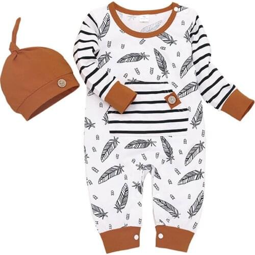 Newborn Baby Boy Girl Clothes Romper+Hat Sets Print Long Sleeve Pocket Jumpsuit Beanies 2Pcs Unisex Baby Outfits 0-24M