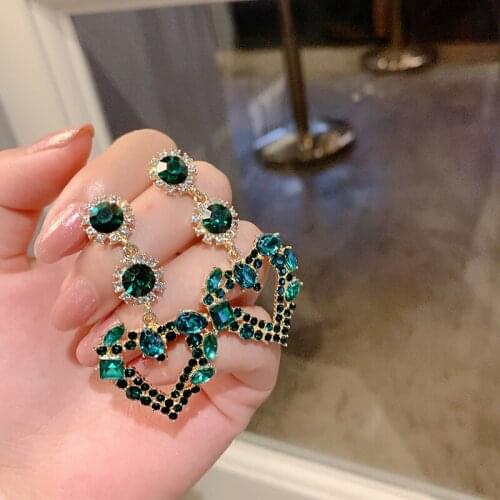Korean Luxury Green Crystal Heart Long Drop Earrings For Women Girls Fashion Rhinestone Pendientes Party Jewelry