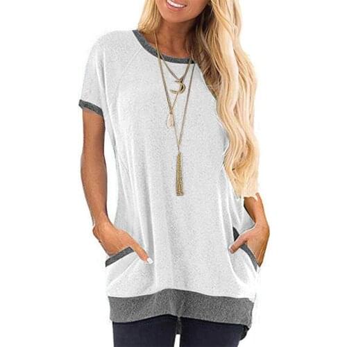 Summer O Neck Patchwork Pocket Short Sleeve T Shirt Women Casual Loose Sport Streetwear Plus Size Mid Length Tee Tops