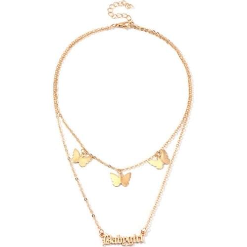 Fashion Double Layer Gold Color Link Clavicle Chain Bohemian Cute Butterfly Babygirl Pendant Choker Necklace