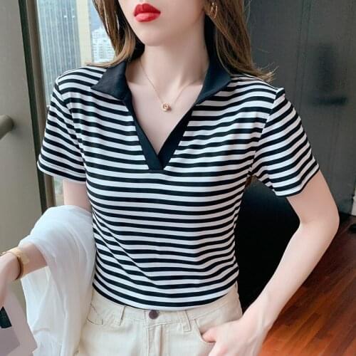 Fashion New stripe Stand collar Tops Women Casual stripe Short Sleeve Tees Summer V-neck Woman T-shirt korean
