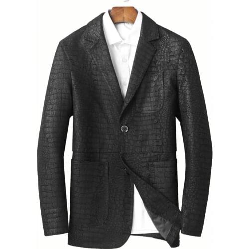 2020 New Men Formal Slim Genuine Leather Suit Coat Black Crocodile Printing Sheepskin Leather Jackets