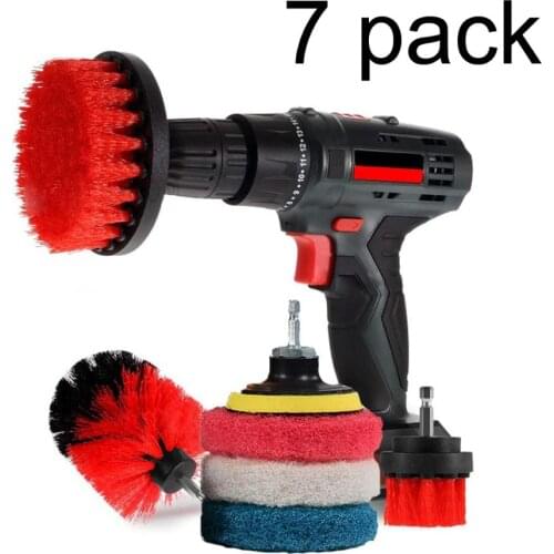 Car Cleaning Red 7 pack Drill Brush And Pad Bundle Set - High Performance Accessory Drill Attachments