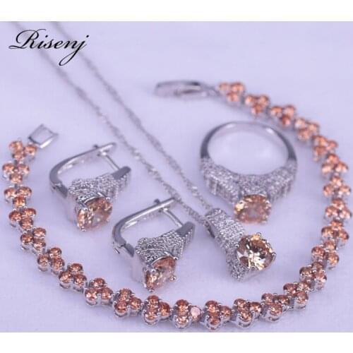 925 Sterling Silver Jewelry Set For Women Champagne Zircon Round Silver 925 Bridal Jewelry Earrings Ring Necklace Bracelet Set