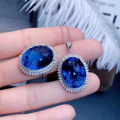 Luxury Diana Lab Sapphire Diamond Jewelry set 925 Sterling Silver Engagement Wedding Rings Necklace For Women Bridal Gift