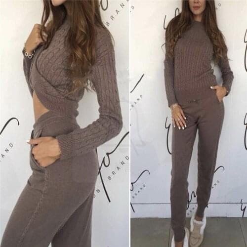2020 O-neck Wool Full New Cashmere Knitted Thread Sweater Trousers Two-piece Sweat Suits Women Two Piece Top And Pants